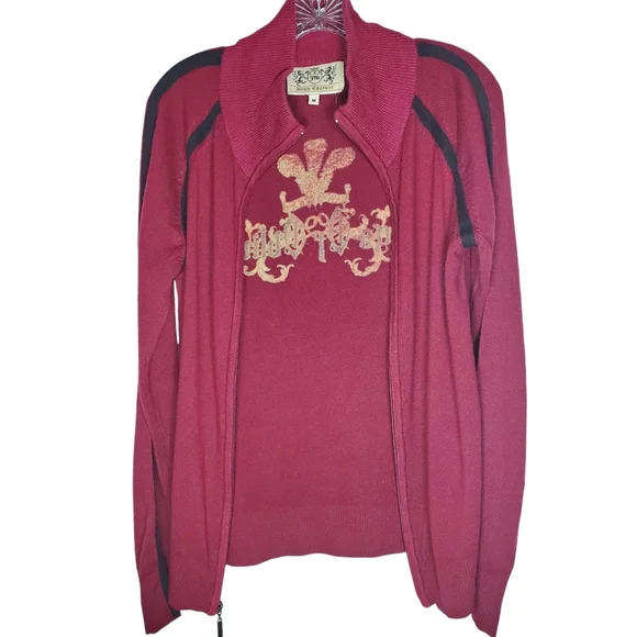 Juicy Couture Cashmere Zip Up Sweater Cardigan Size Medium Burgundy Red *FLAWS* - Picture 2 of 12